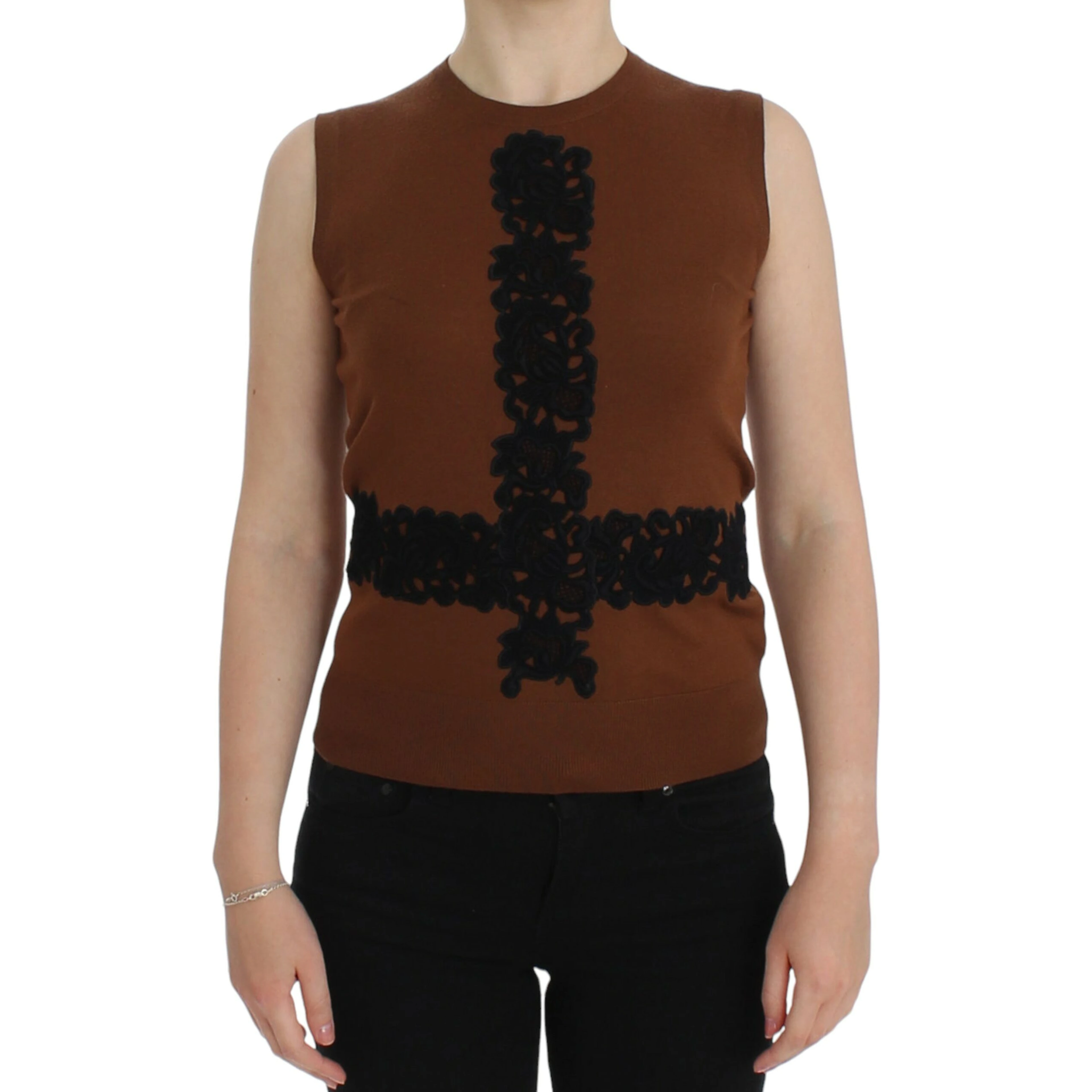 Brown wool and black lace sleeveless vest/sweater top