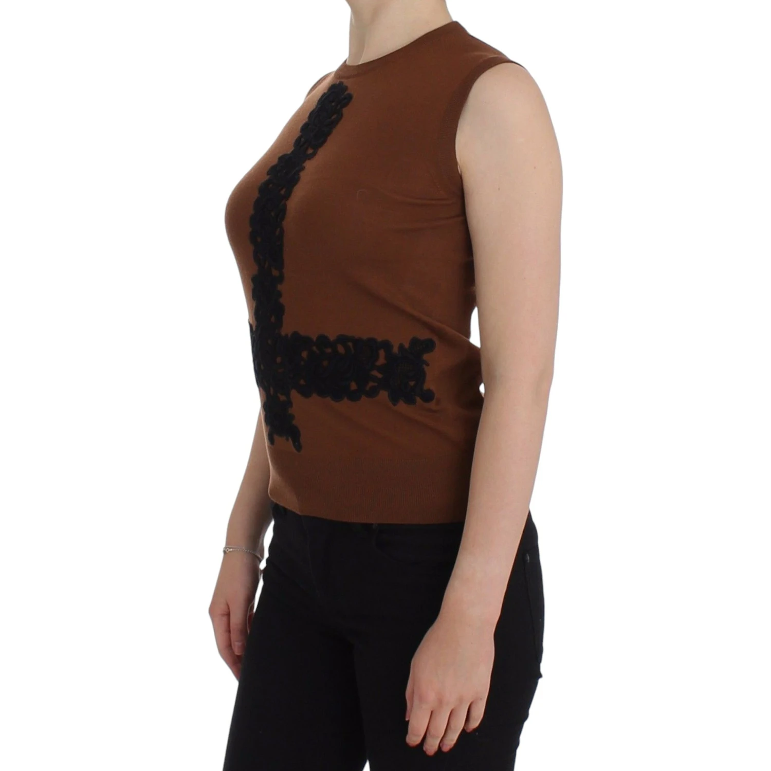 Brown wool and black lace sleeveless vest/sweater top