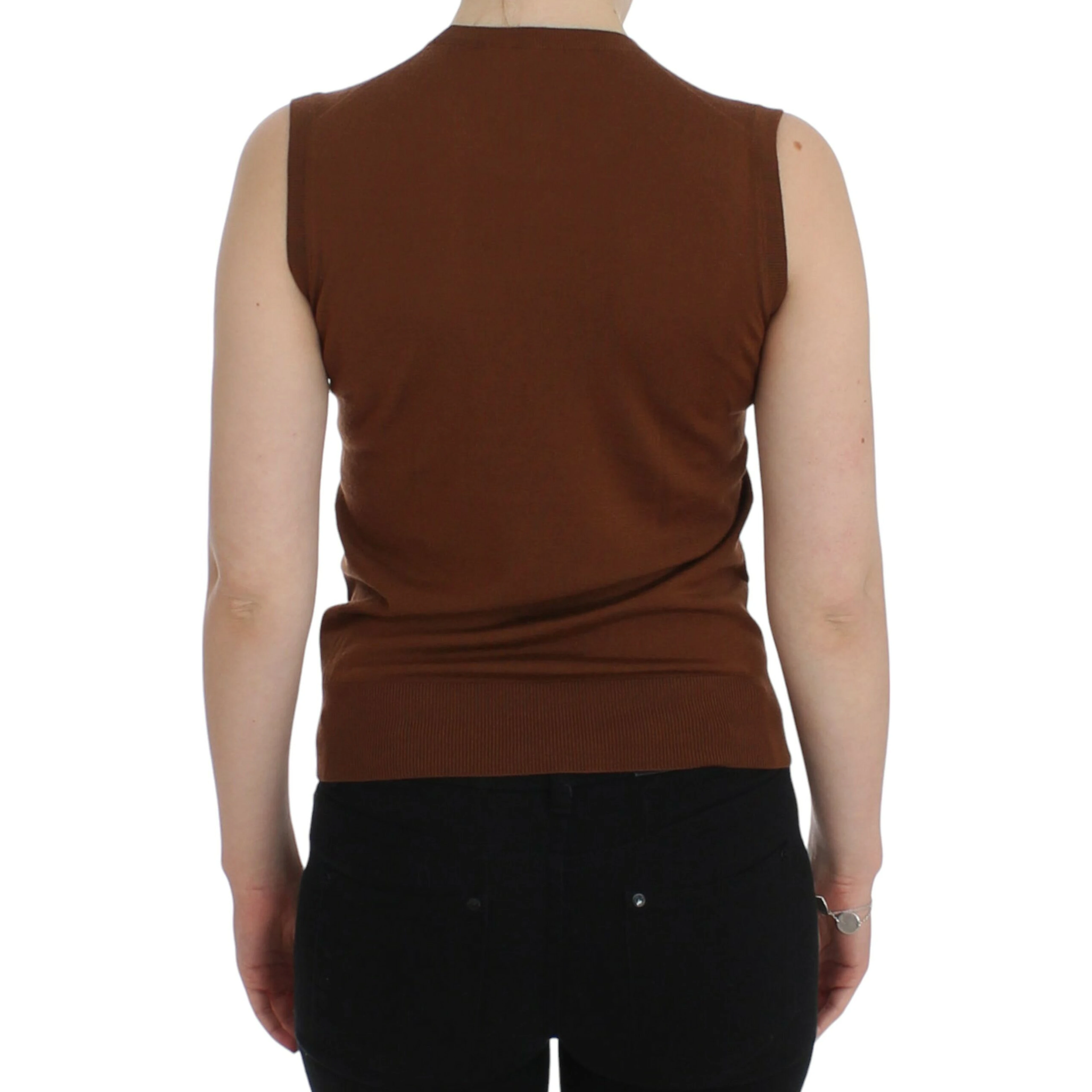 Brown wool and black lace sleeveless vest/sweater top