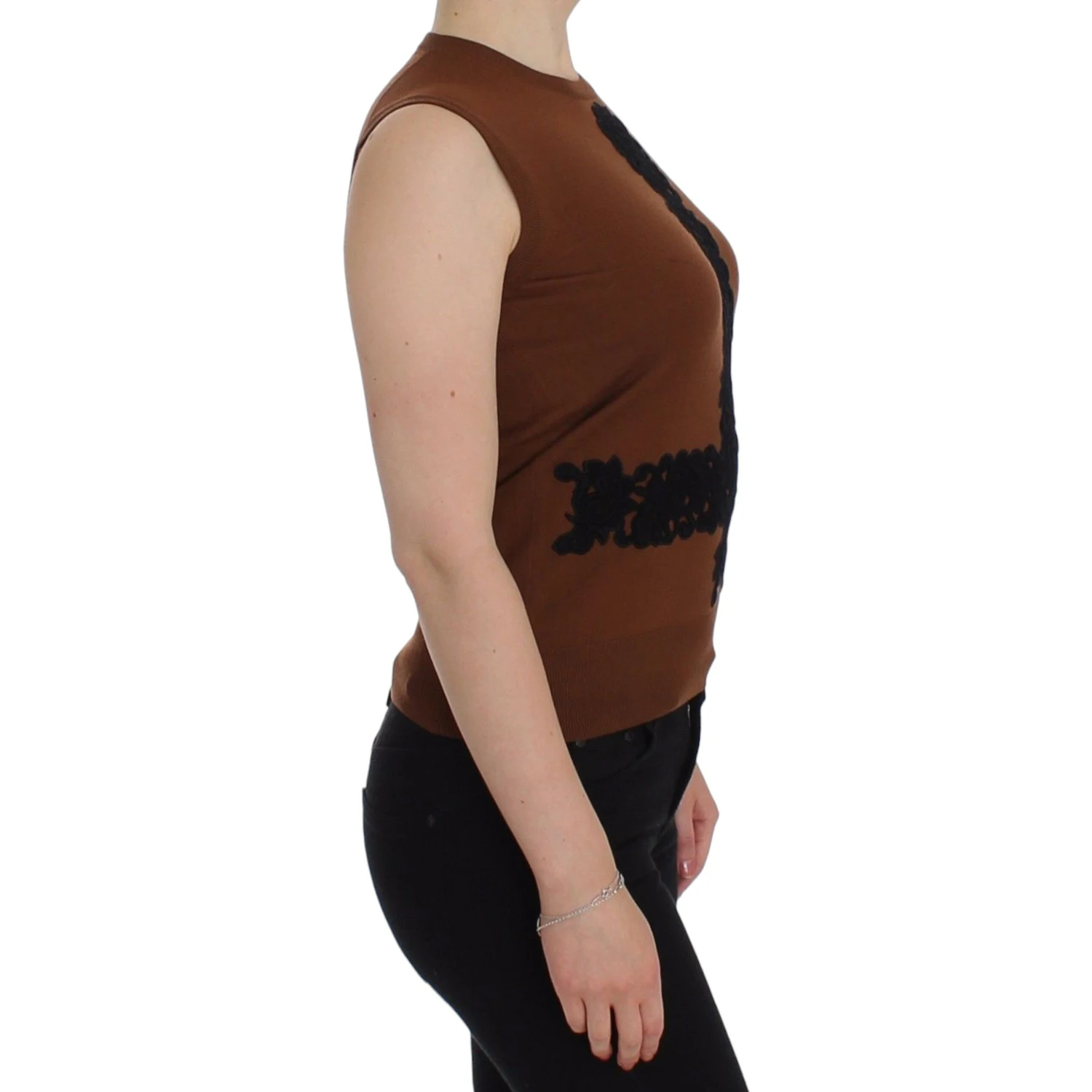 Brown wool and black lace sleeveless vest/sweater top