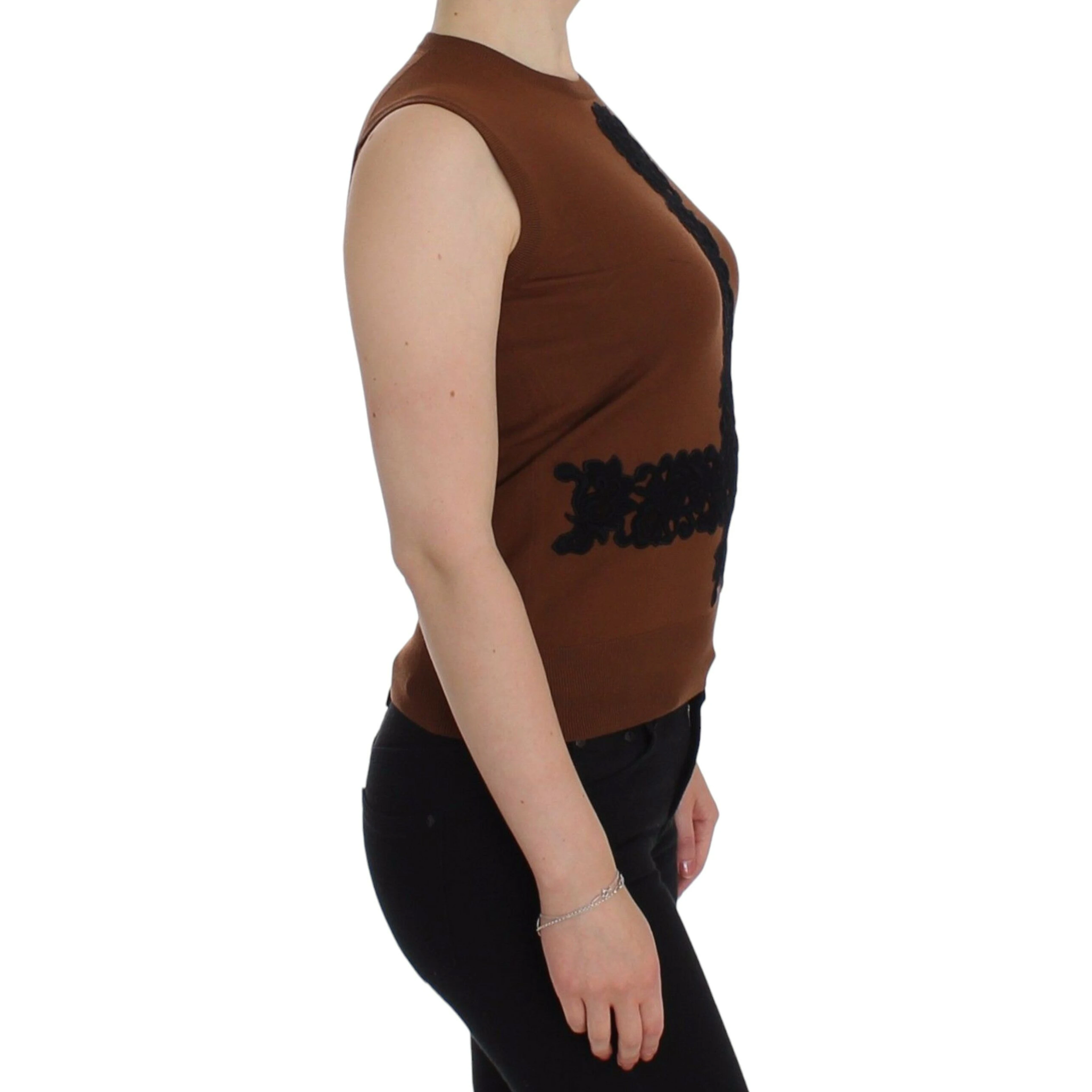 Brown wool and black lace sleeveless vest/sweater top