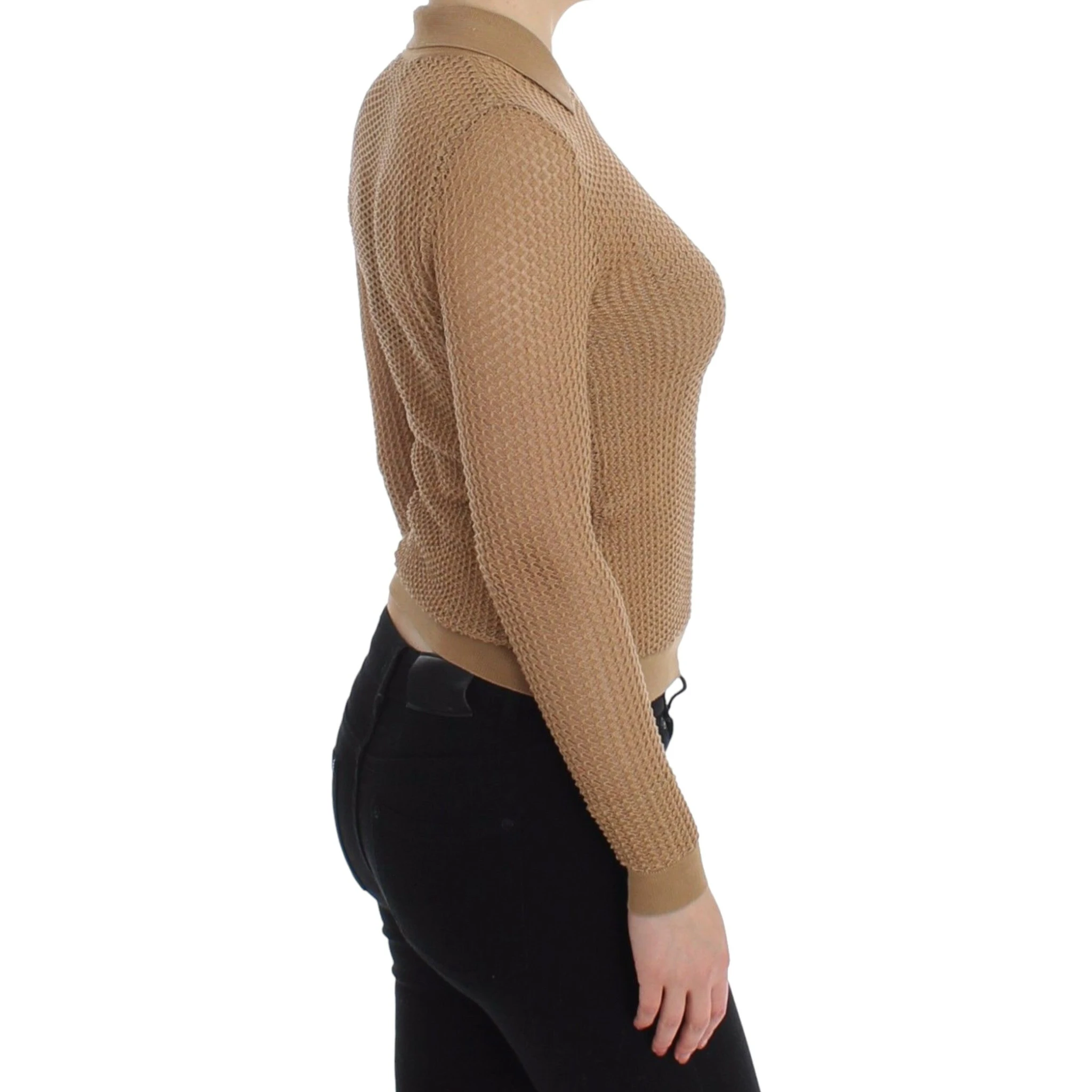 Beige Knitted Cotton Polo Cardigan Sweater