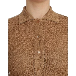 Beige Knitted Cotton Polo Cardigan Sweater
