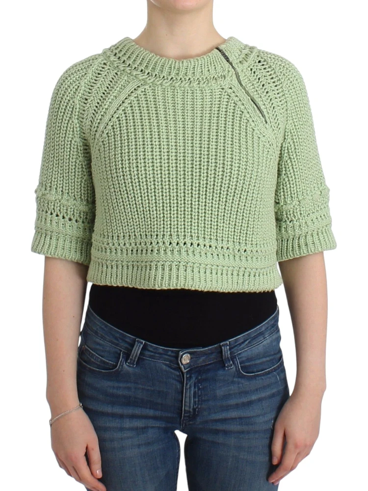 Women Cropped Knit Sweater In Green