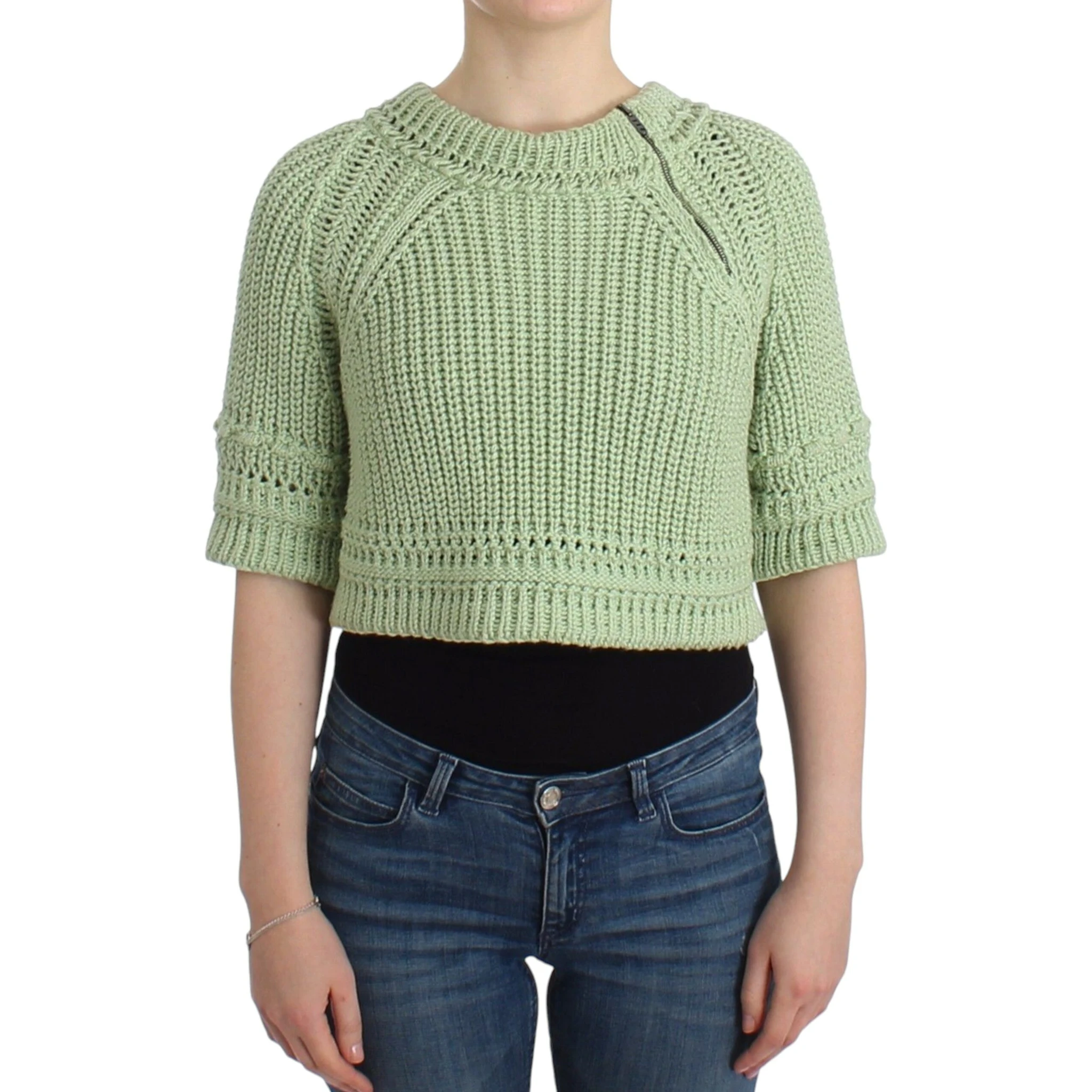 Women Cropped Knit Sweater In Green