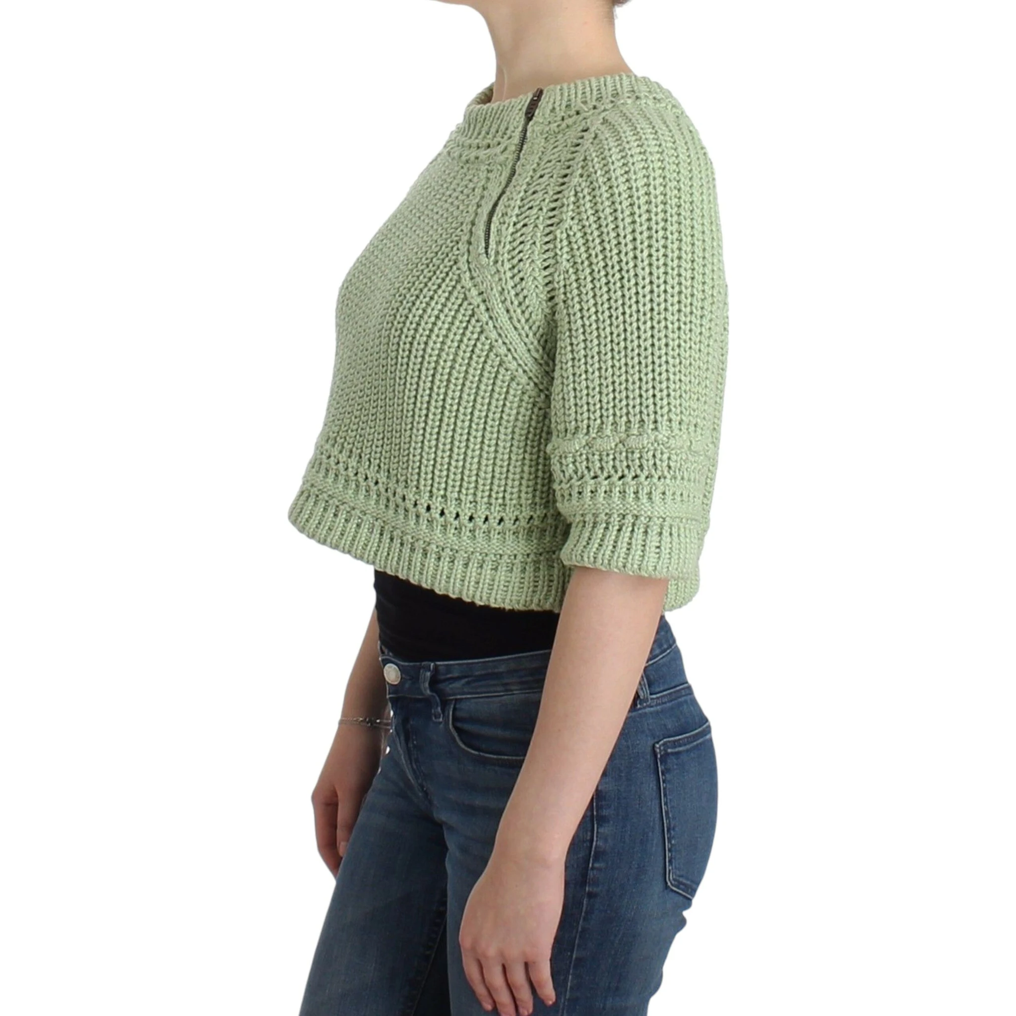 Women Cropped Knit Sweater In Green