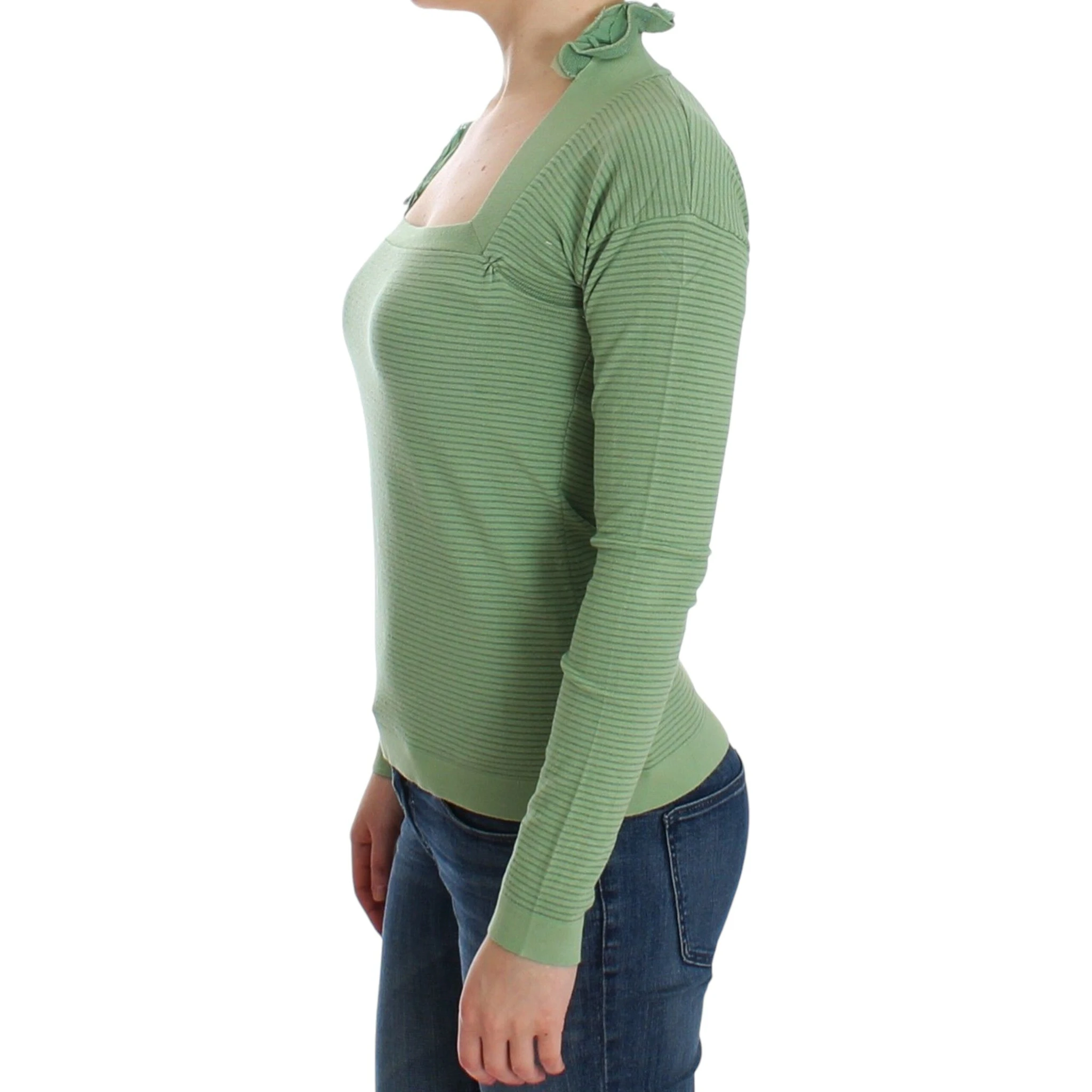 Women Wool Blend Striped Long Sleeve Sweater In Green