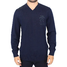 Blue Wool Blend V-neck Pullover Sweater