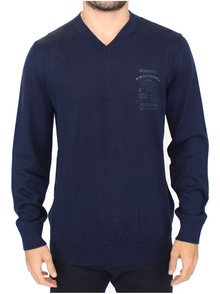 Blue Wool Blend V-neck Pullover Sweater