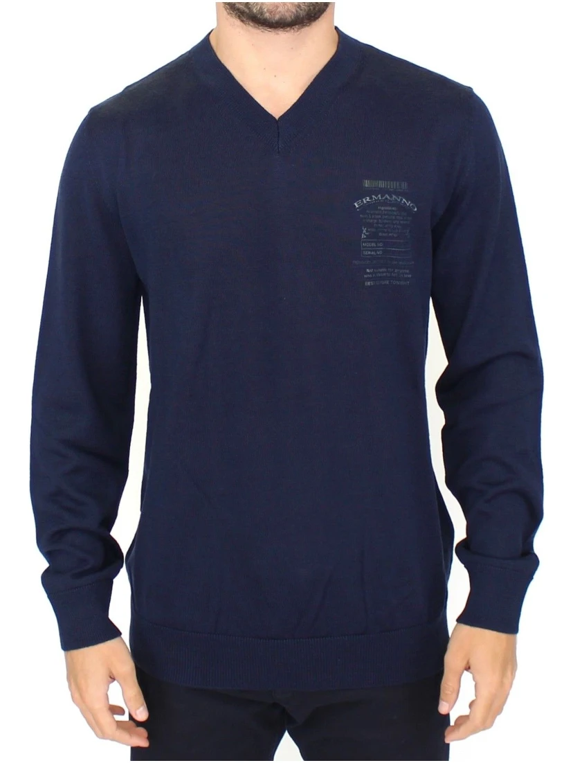 Blue Wool Blend V-neck Pullover Sweater