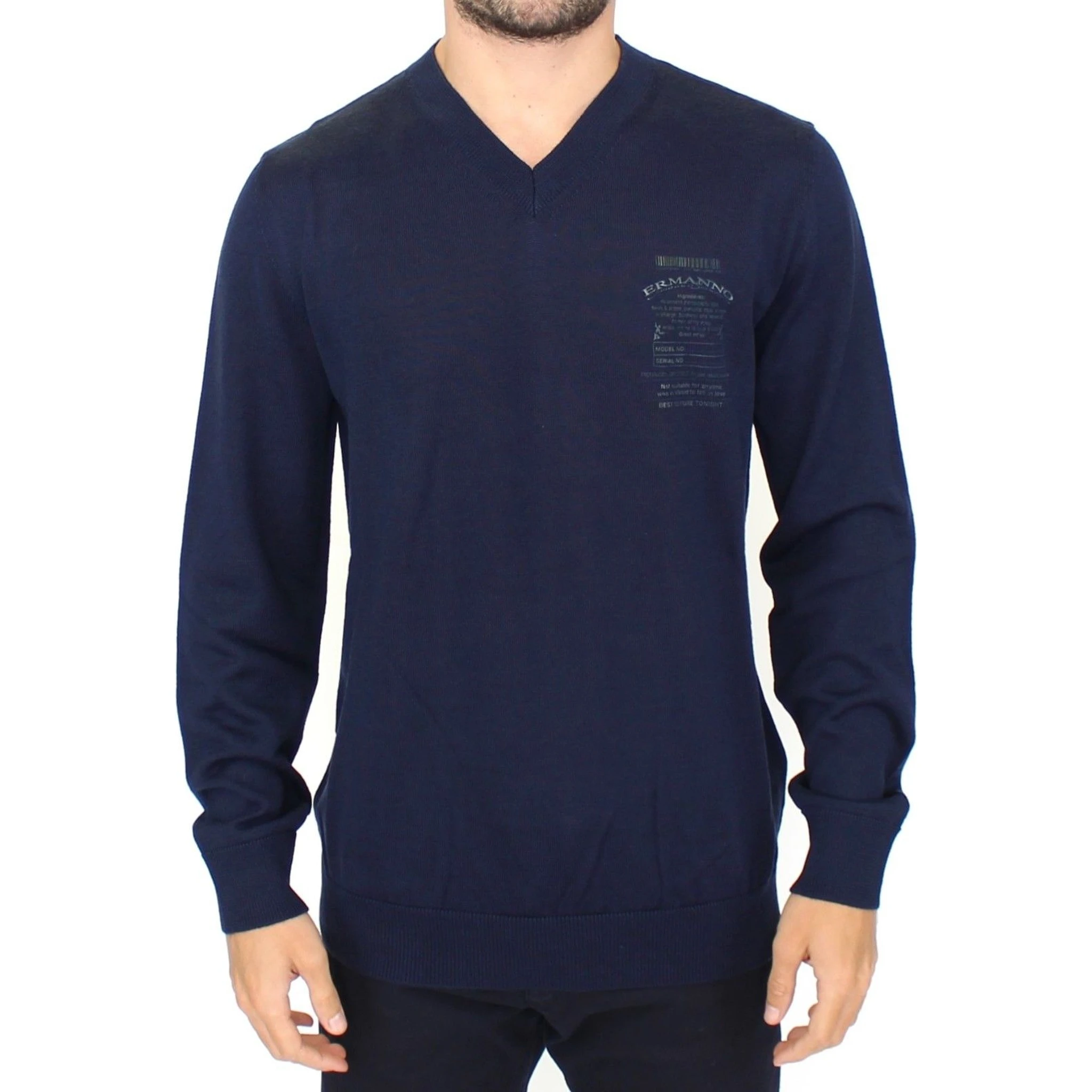 Blue Wool Blend V-neck Pullover Sweater