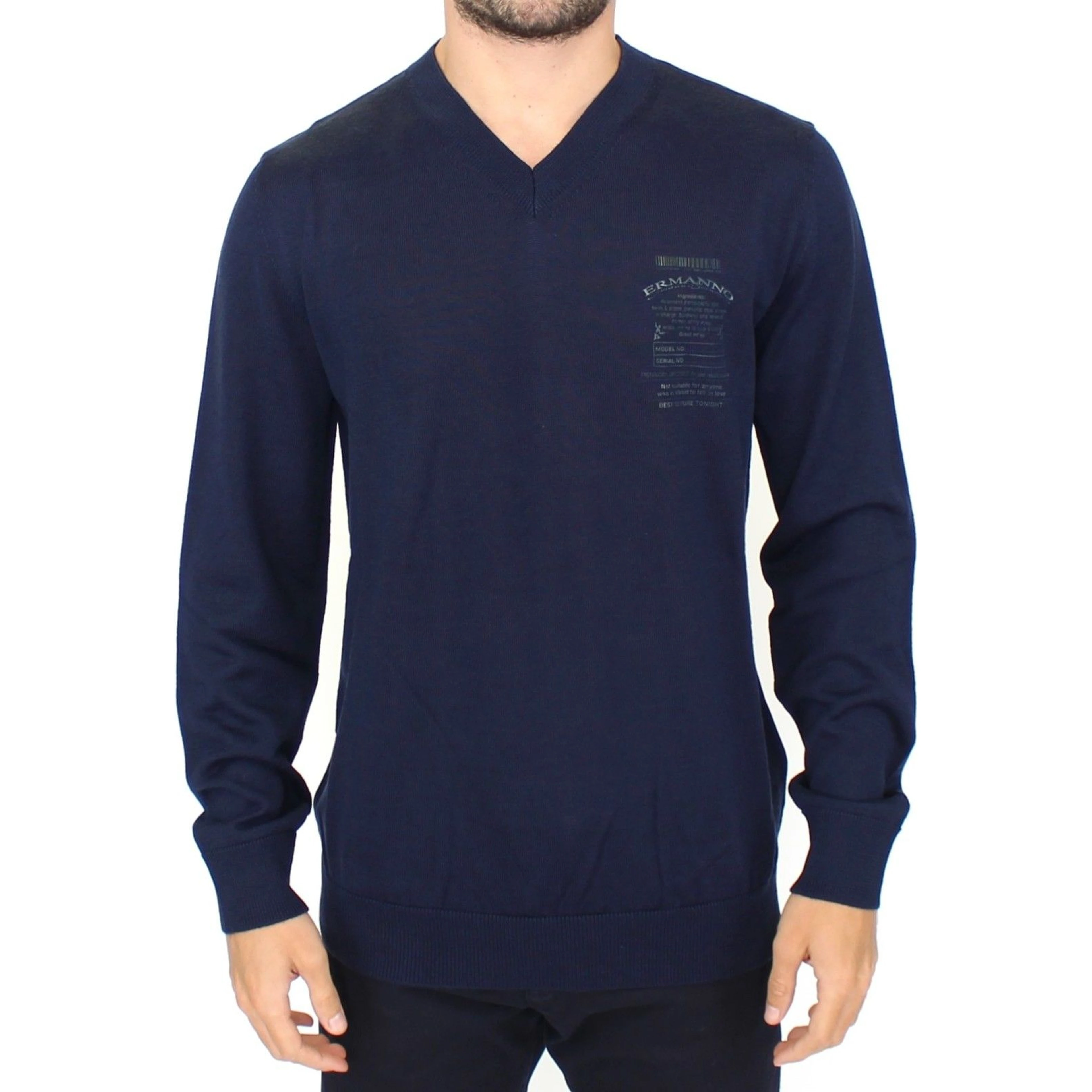 Blue Wool Blend V-neck Pullover Sweater