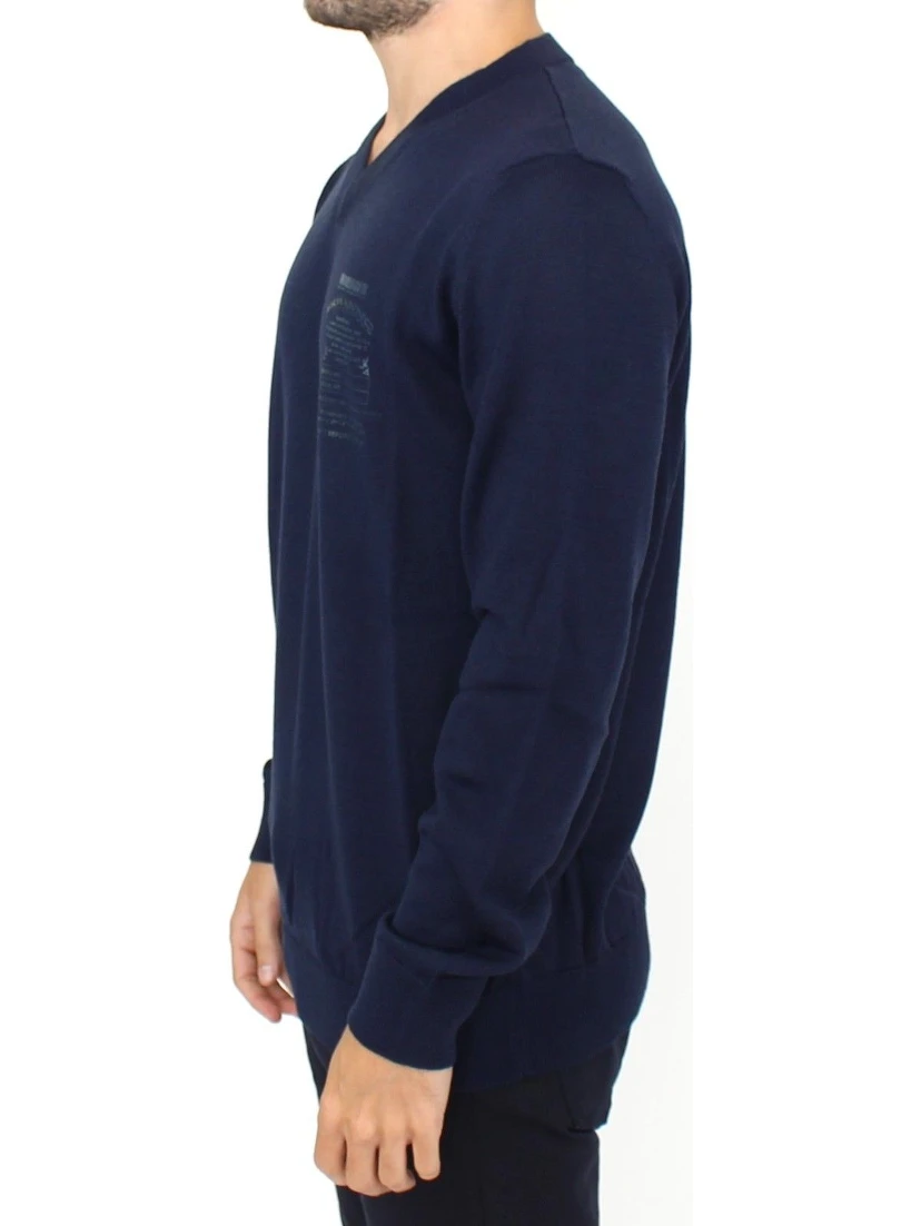Blue Wool Blend V-neck Pullover Sweater