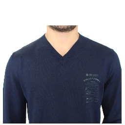 Blue Wool Blend V-neck Pullover Sweater