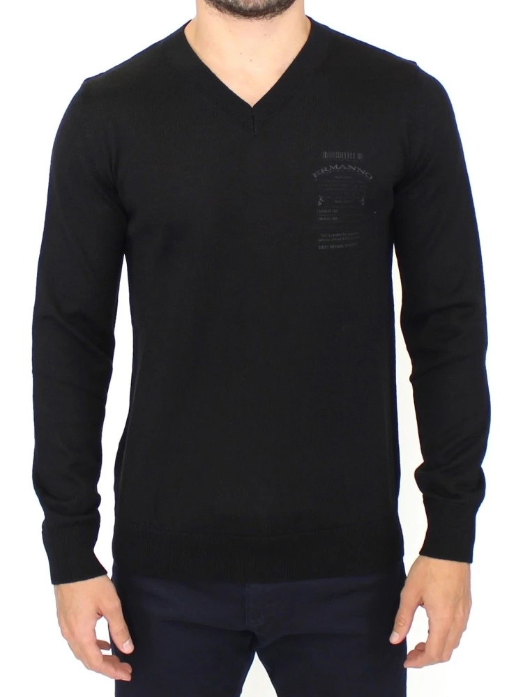 Black Wool Blend V-neck Pullover Sweater