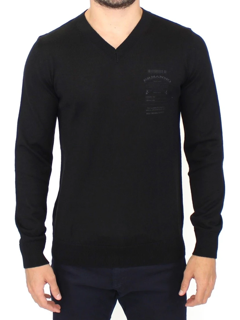 Black Wool Blend V-neck Pullover Sweater