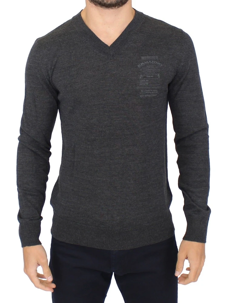 Gray Wool Blend V-neck Pullover Sweater