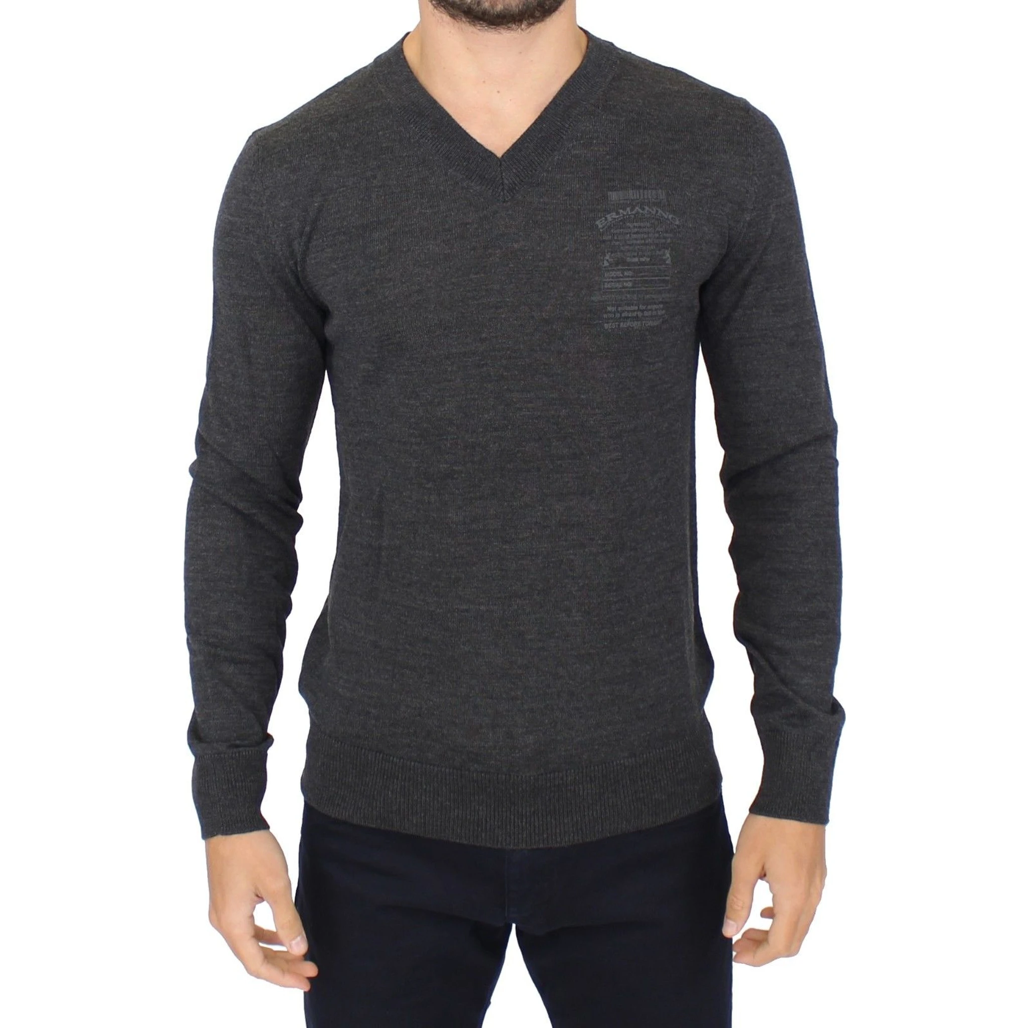 Gray Wool Blend V-neck Pullover Sweater
