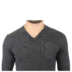 Gray Wool Blend V-neck Pullover Sweater