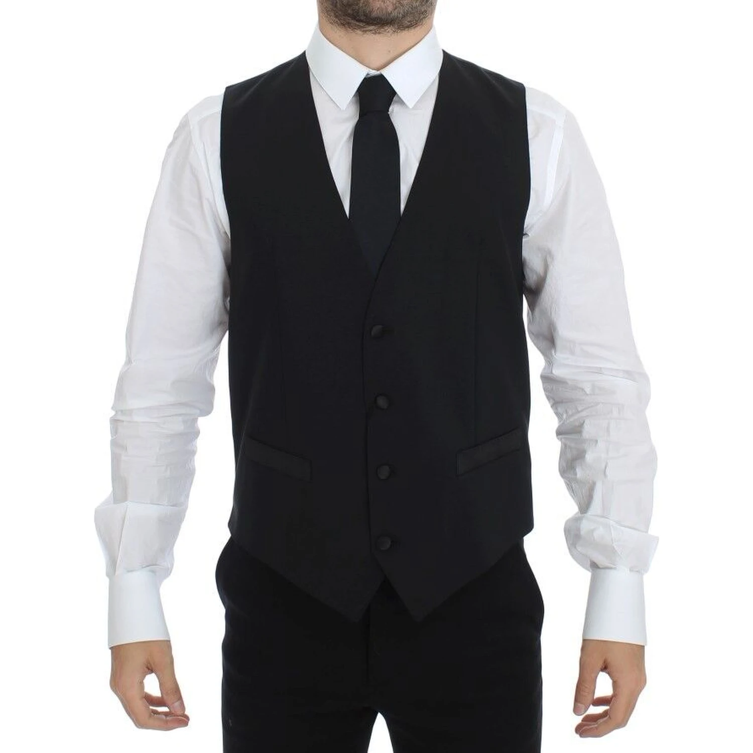Black Wool Silk Stretch Dress Vest Blazer