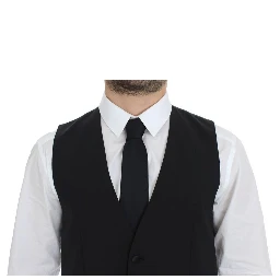 Black Wool Silk Stretch Dress Vest Blazer