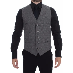 Gray Cotton Slim Fit Button Front Dress Vest
