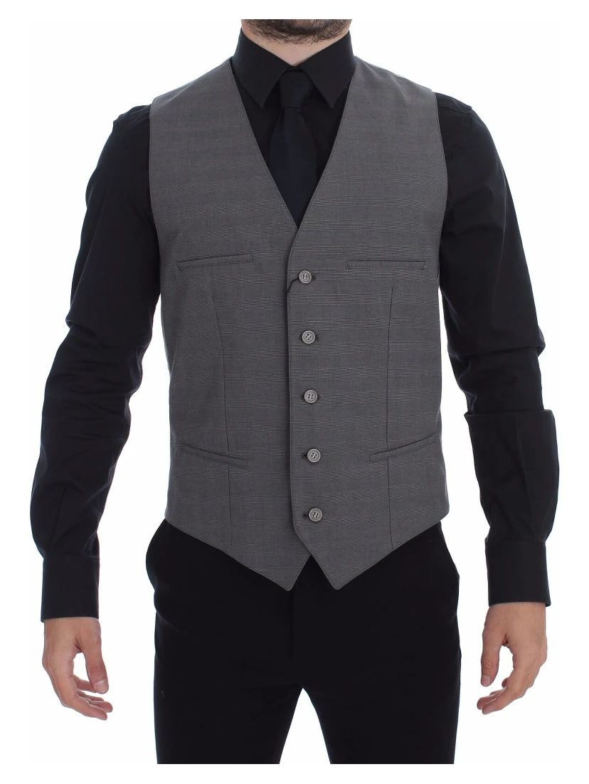Gray Cotton Slim Fit Button Front Dress Vest