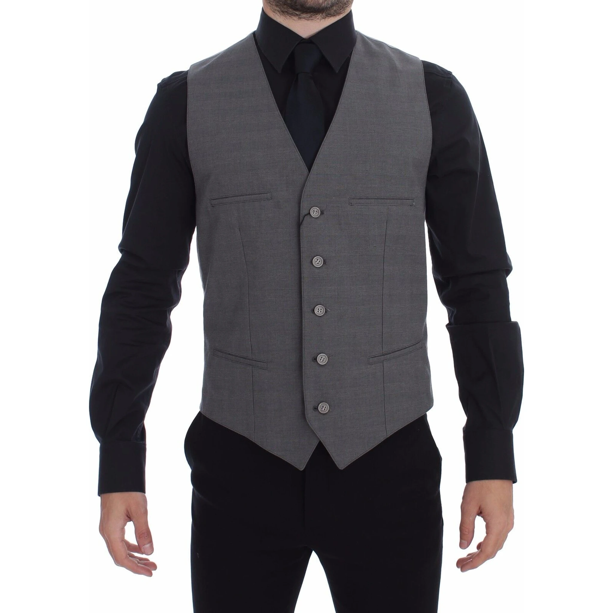 Gray Cotton Slim Fit Button Front Dress Vest