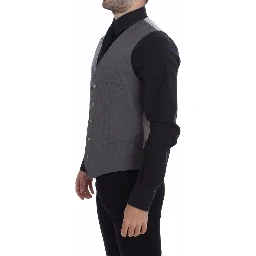 Gray Cotton Slim Fit Button Front Dress Vest