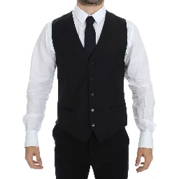 Black Wool Silk Stretch Dress Vest Blazer