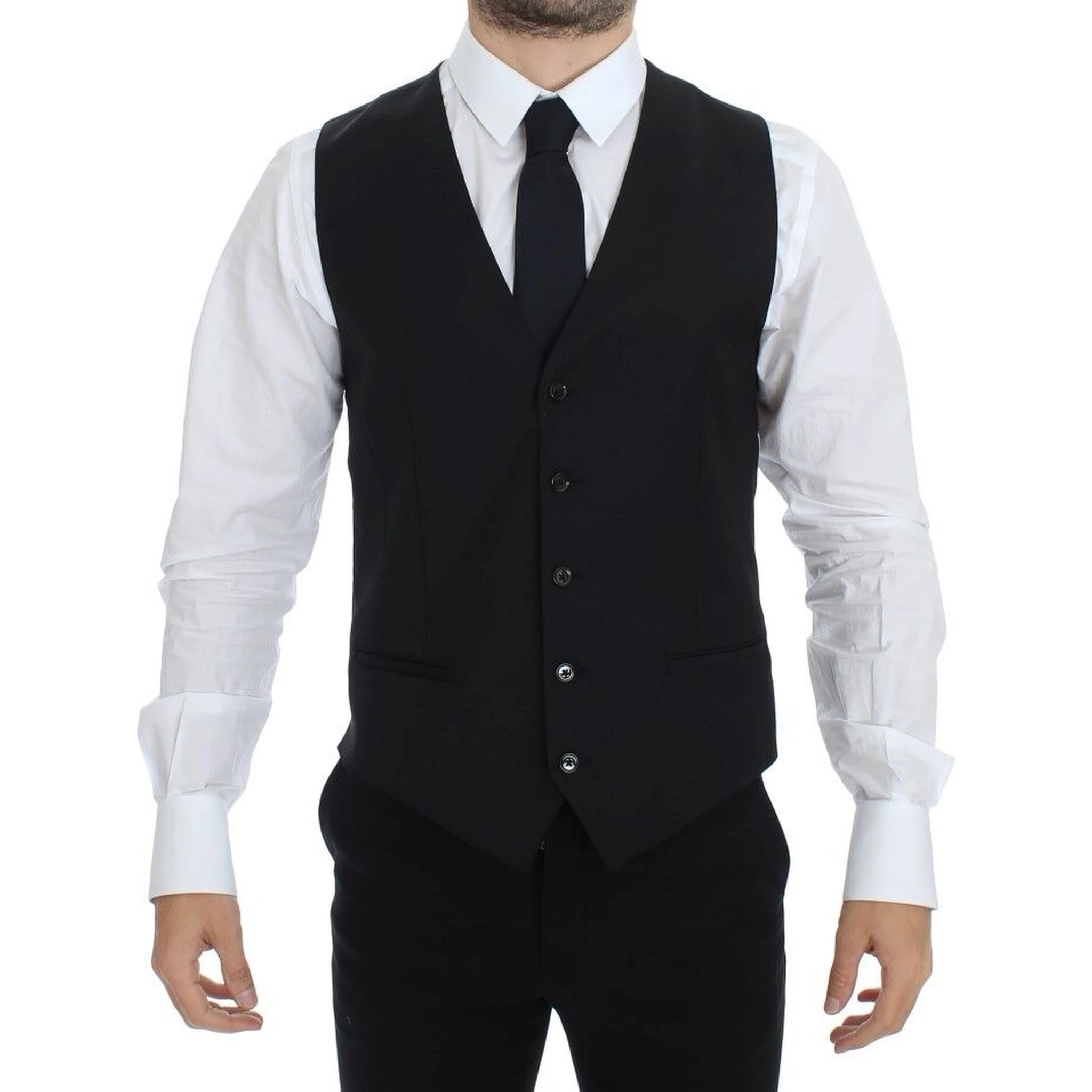 Black Wool Silk Stretch Dress Vest Blazer