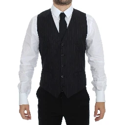 Black Striped Wool Silk Dress Vest Gilet