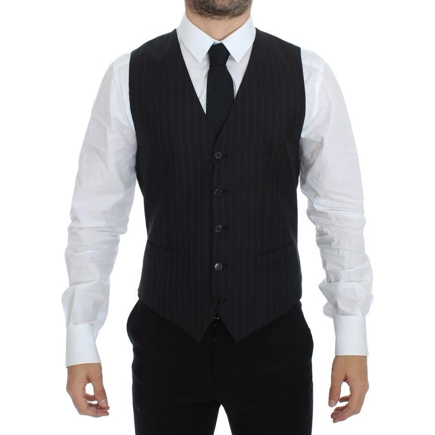 Black Striped Wool Silk Dress Vest Gilet