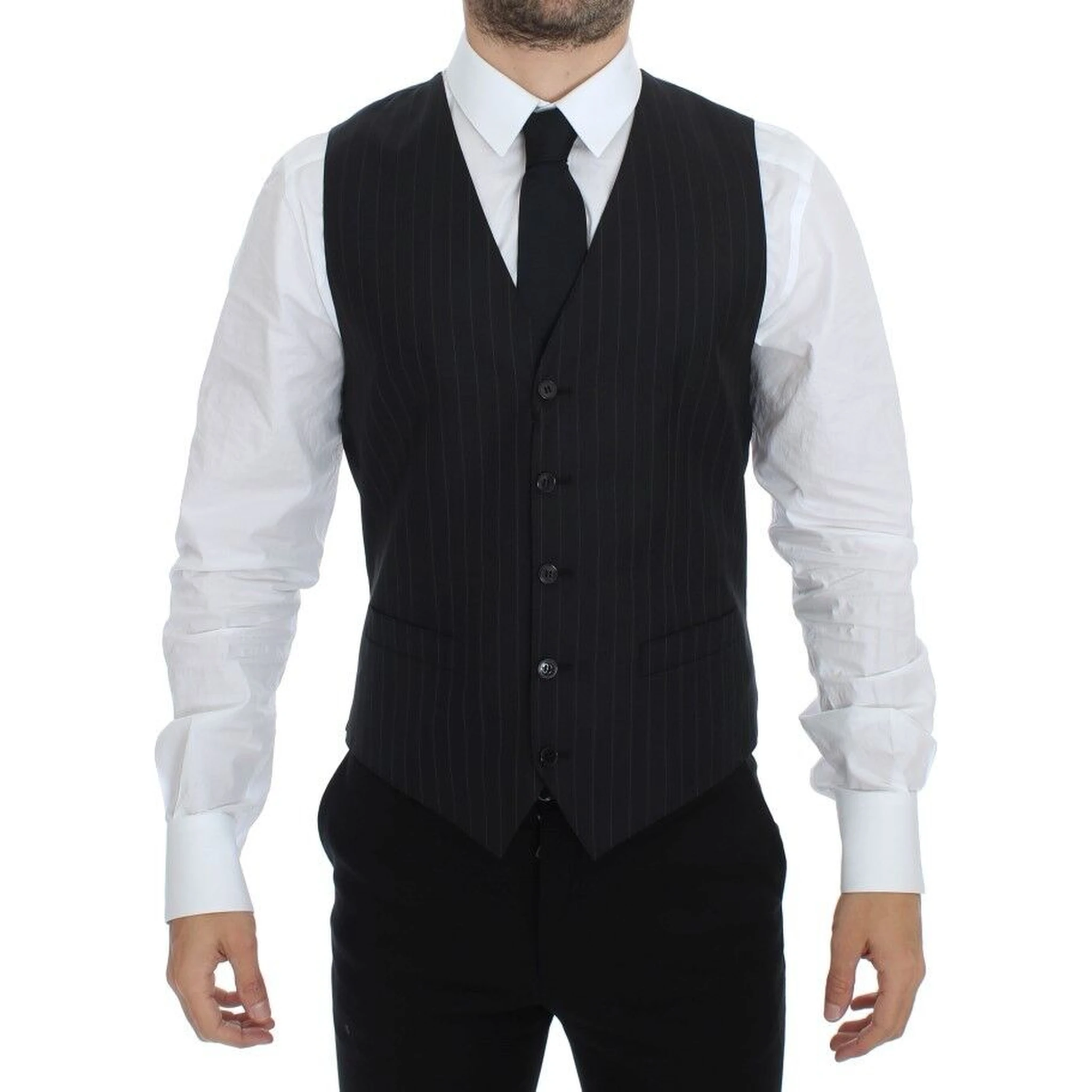 Black Striped Wool Silk Dress Vest Gilet