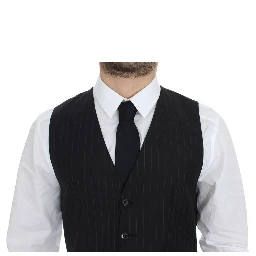 Black Striped Wool Silk Dress Vest Gilet