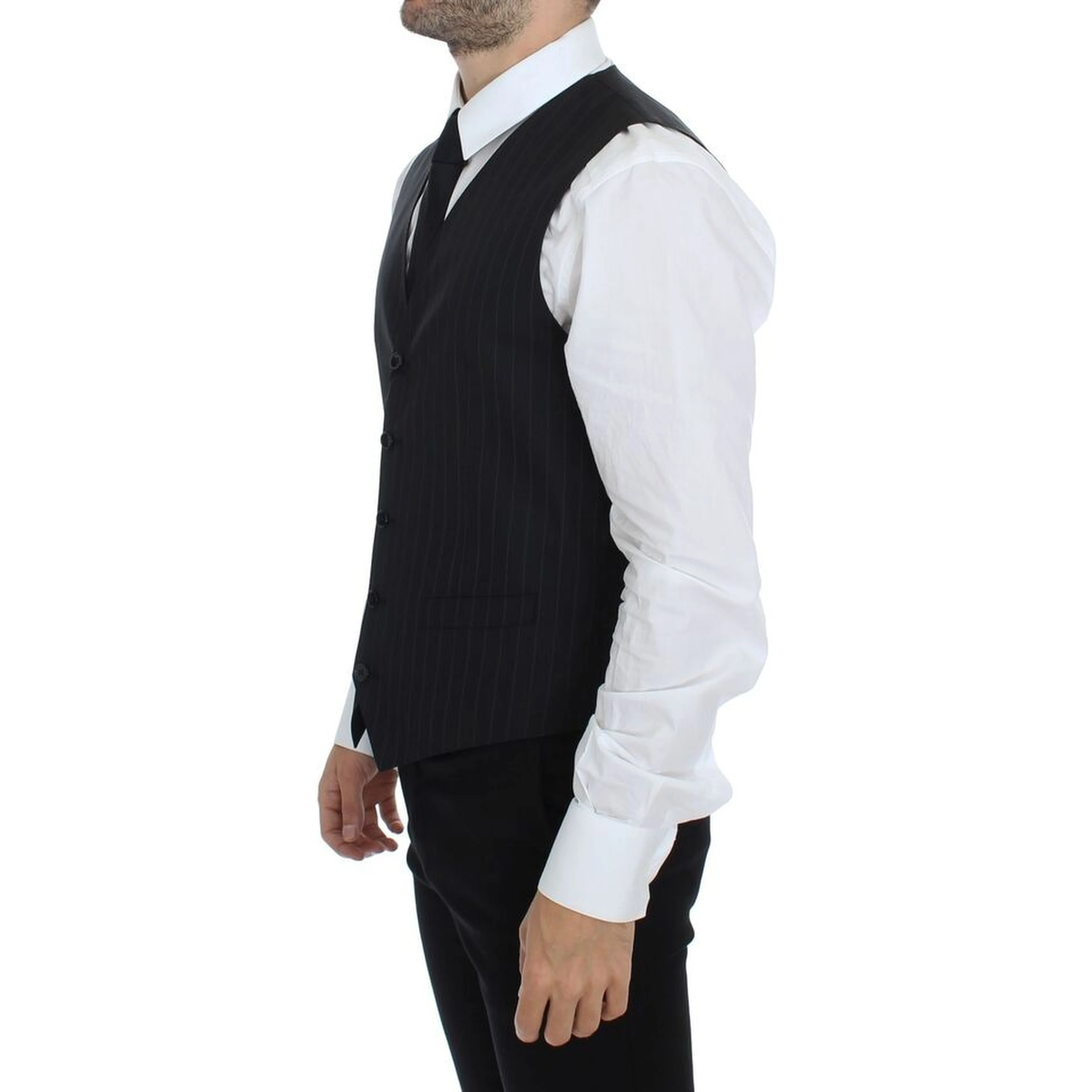 Black Striped Wool Silk Dress Vest Gilet