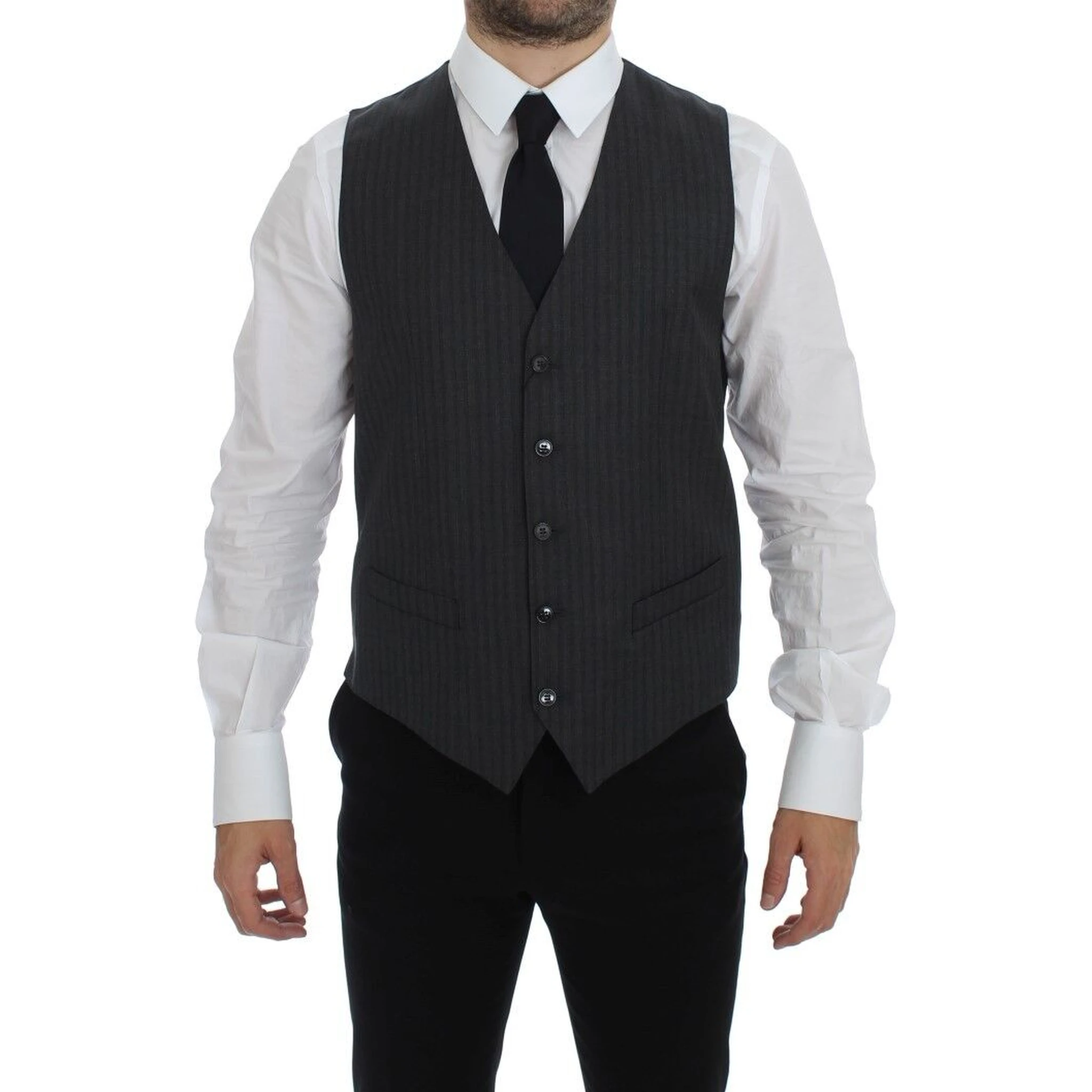 Black Striped Wool Single Breasted Vest