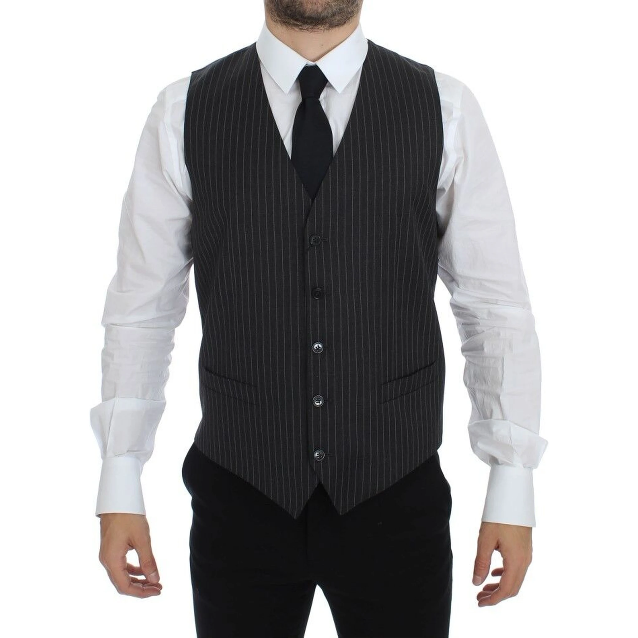 Gray Striped Wool Single Breasted Vest