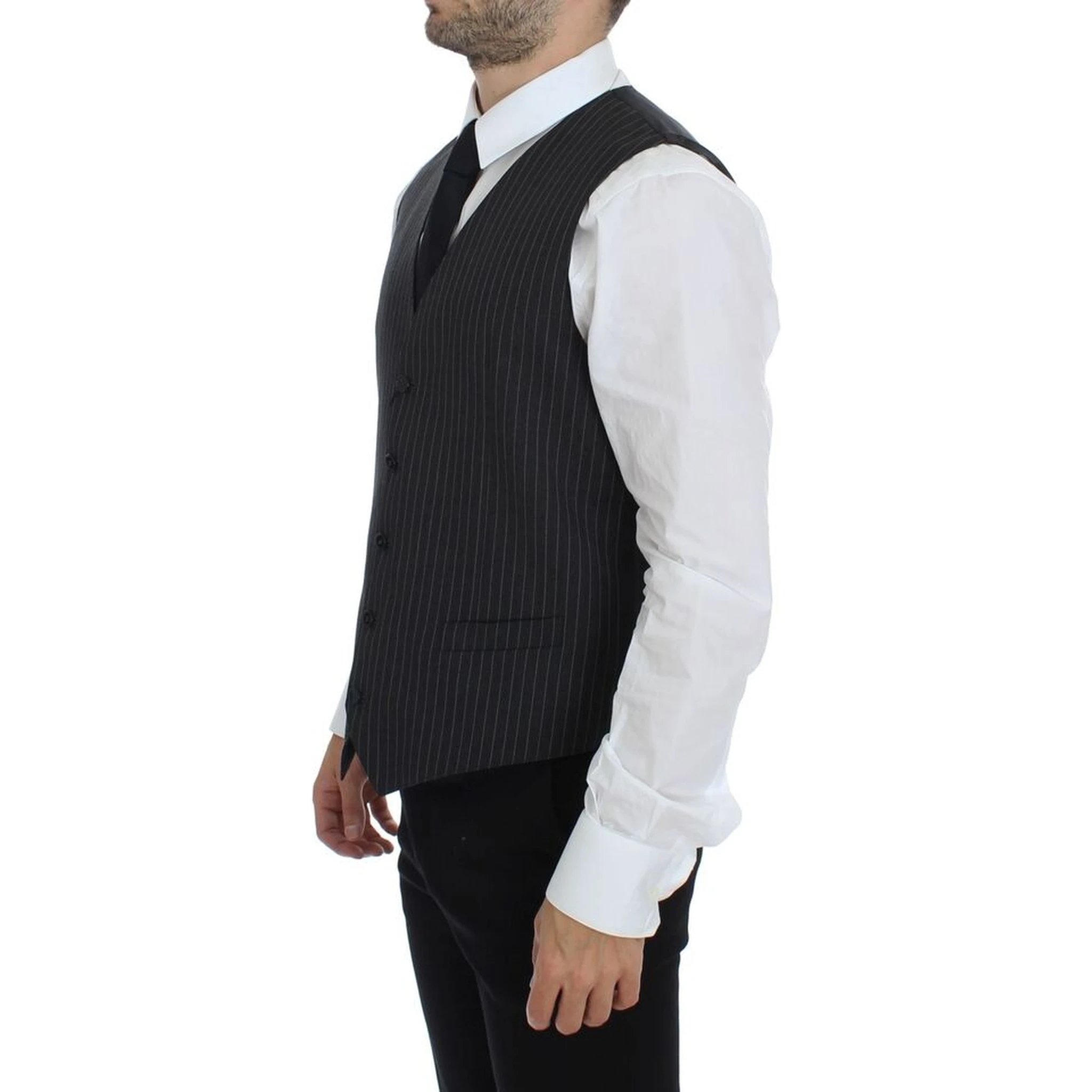 Gray Striped Wool Single Breasted Vest