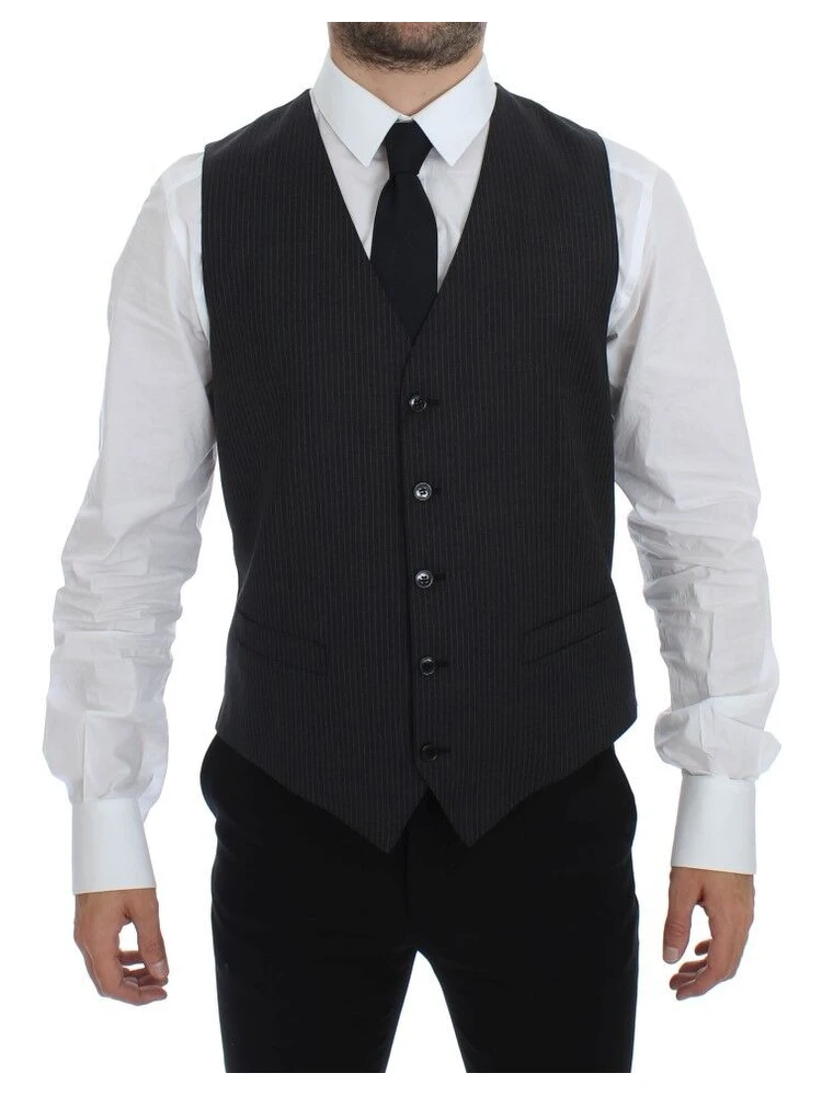 Gray Striped Wool Single Breasted Vest