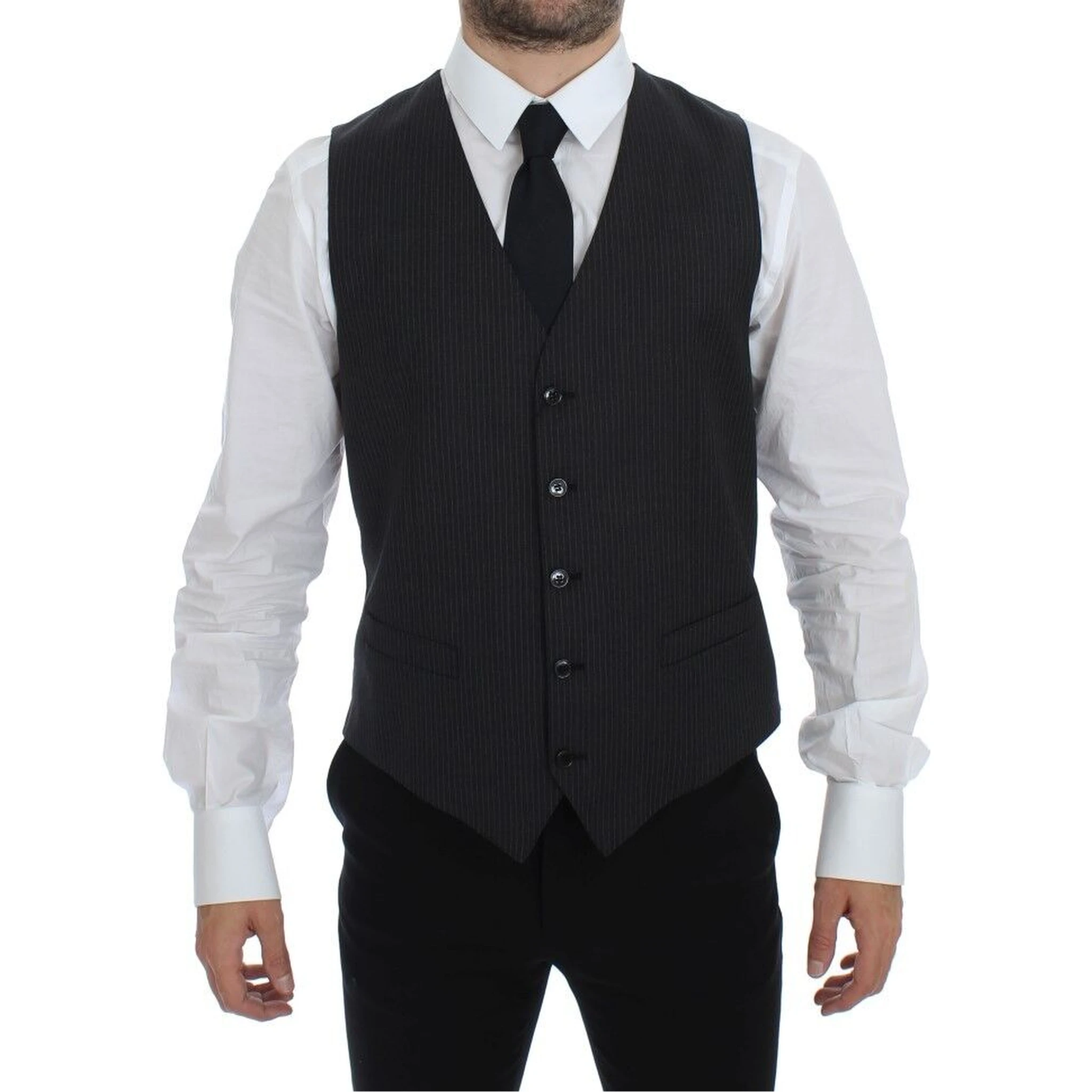 Gray Striped Wool Single Breasted Vest