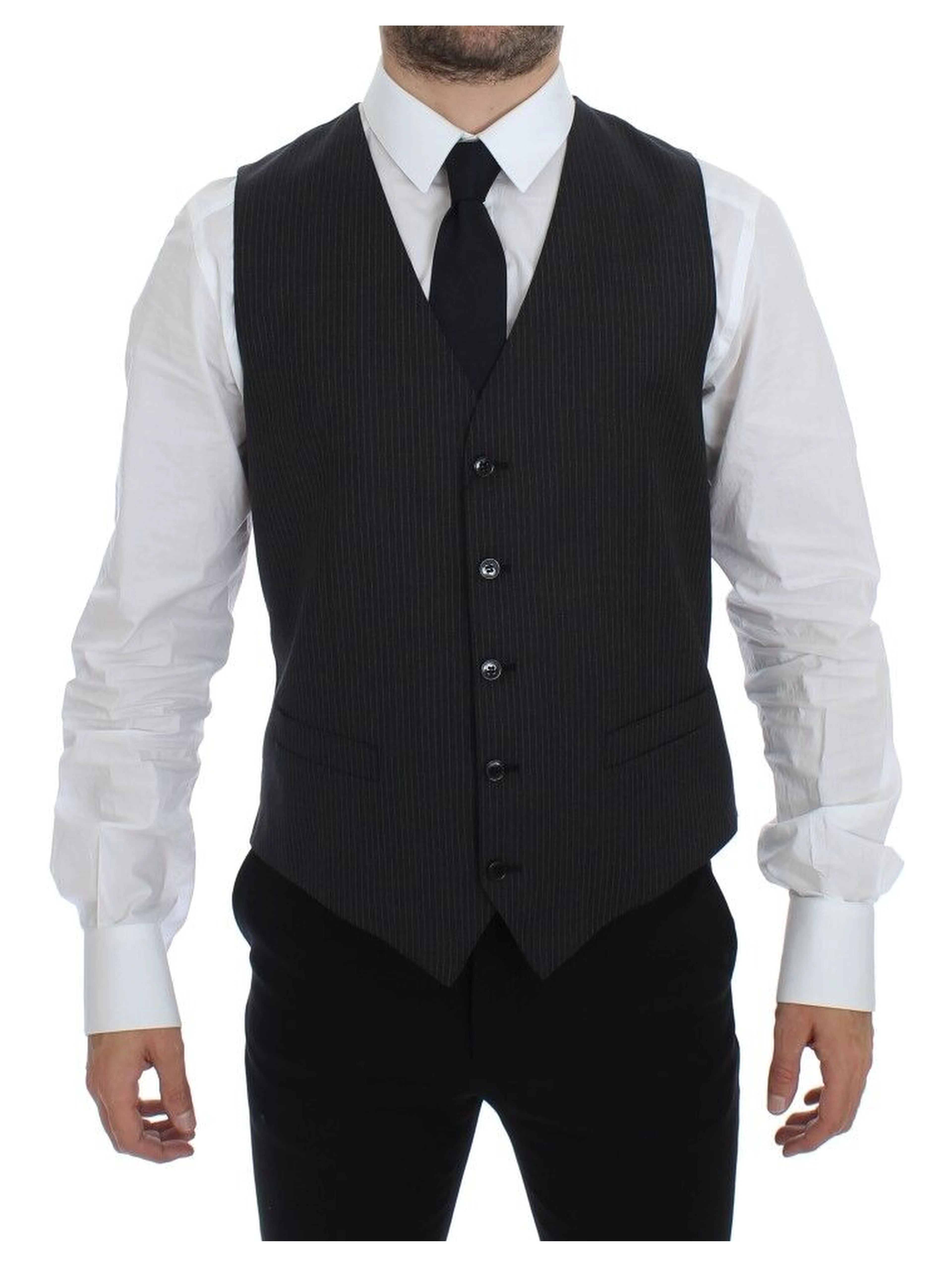 Gray Striped Wool Single Breasted Vest