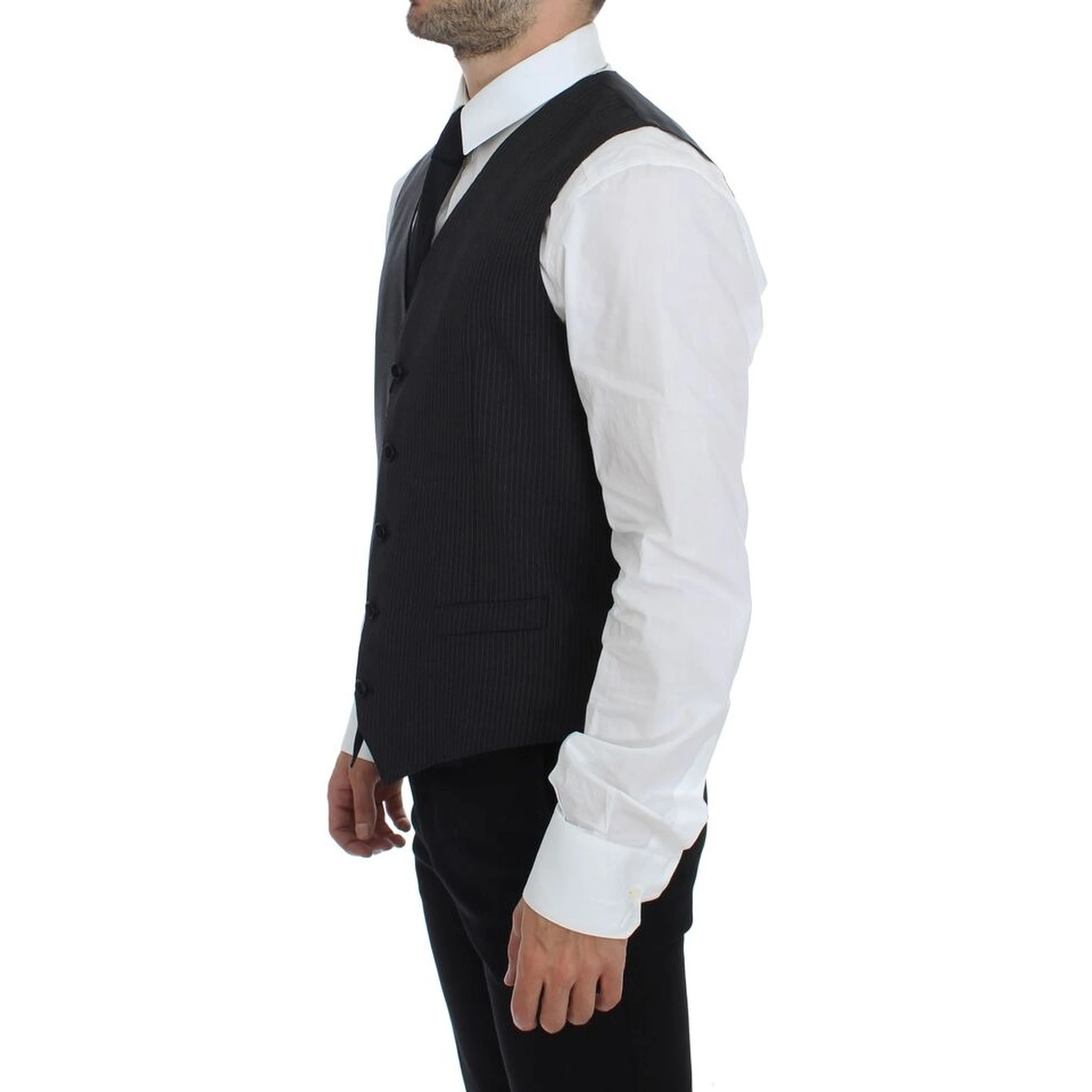 Gray Striped Wool Single Breasted Vest