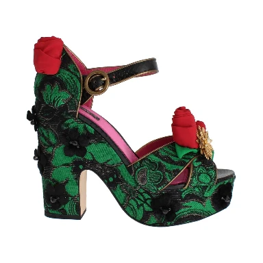 Green Brocade Snakeskin Roses Crystal Shoes