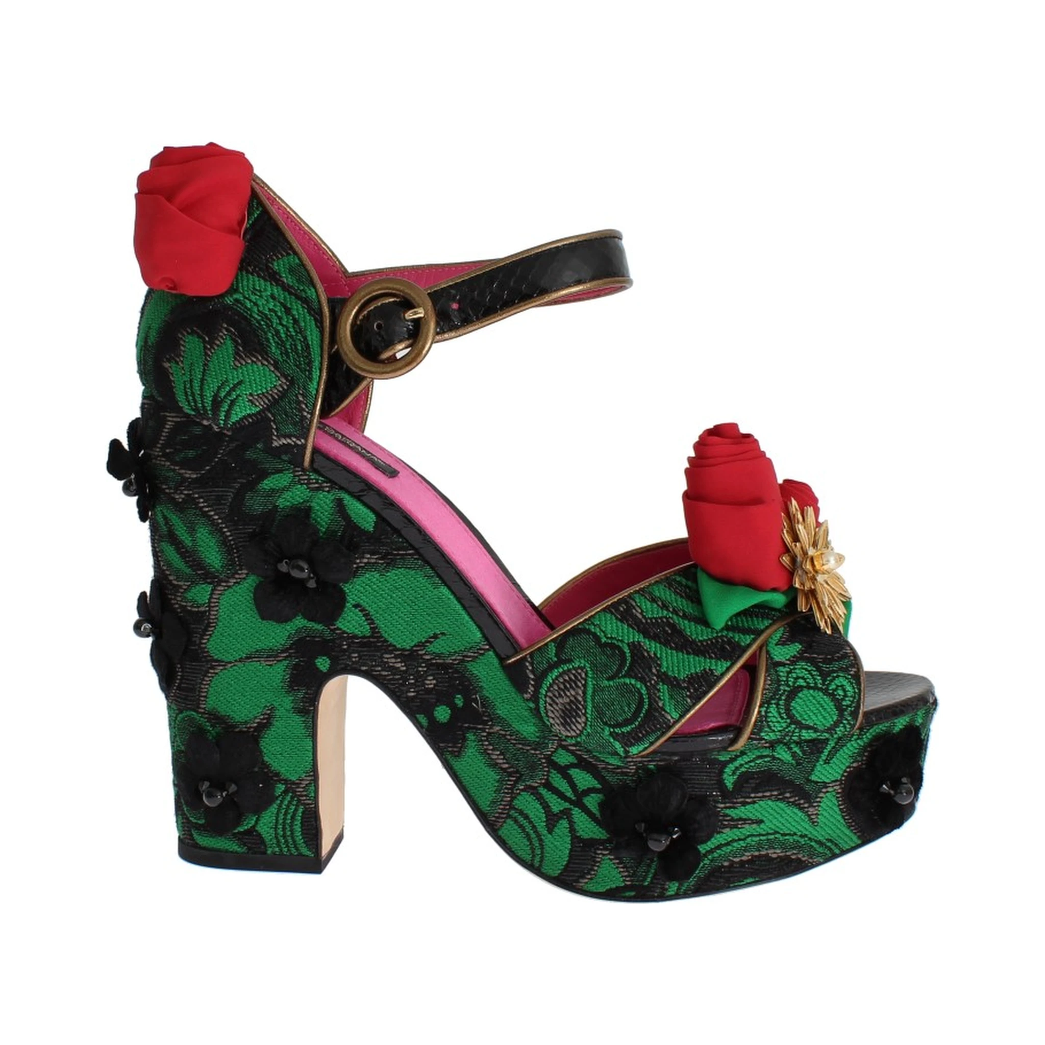 Green Brocade Snakeskin Roses Crystal Shoes