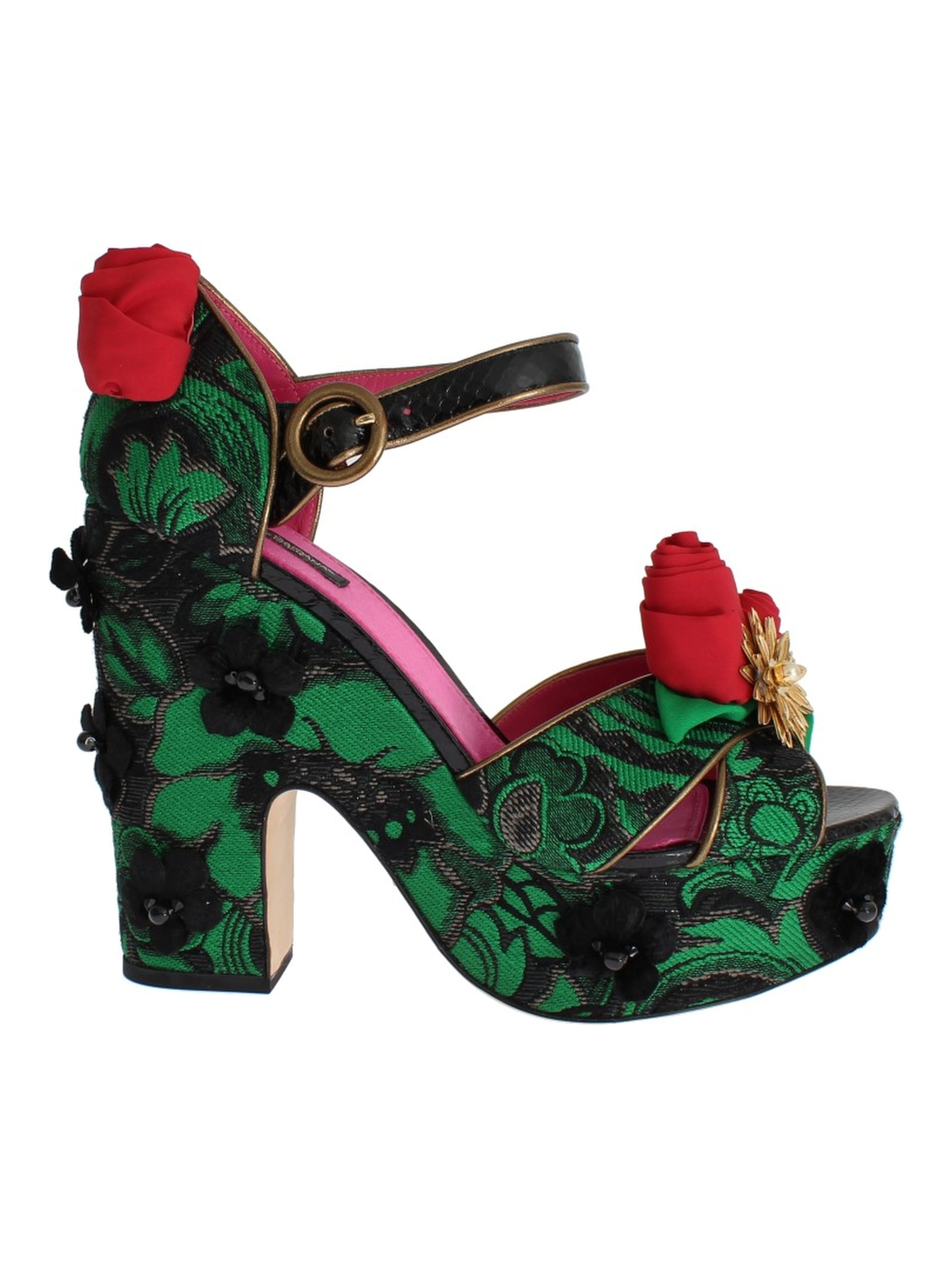 Green Brocade Snakeskin Roses Crystal Shoes