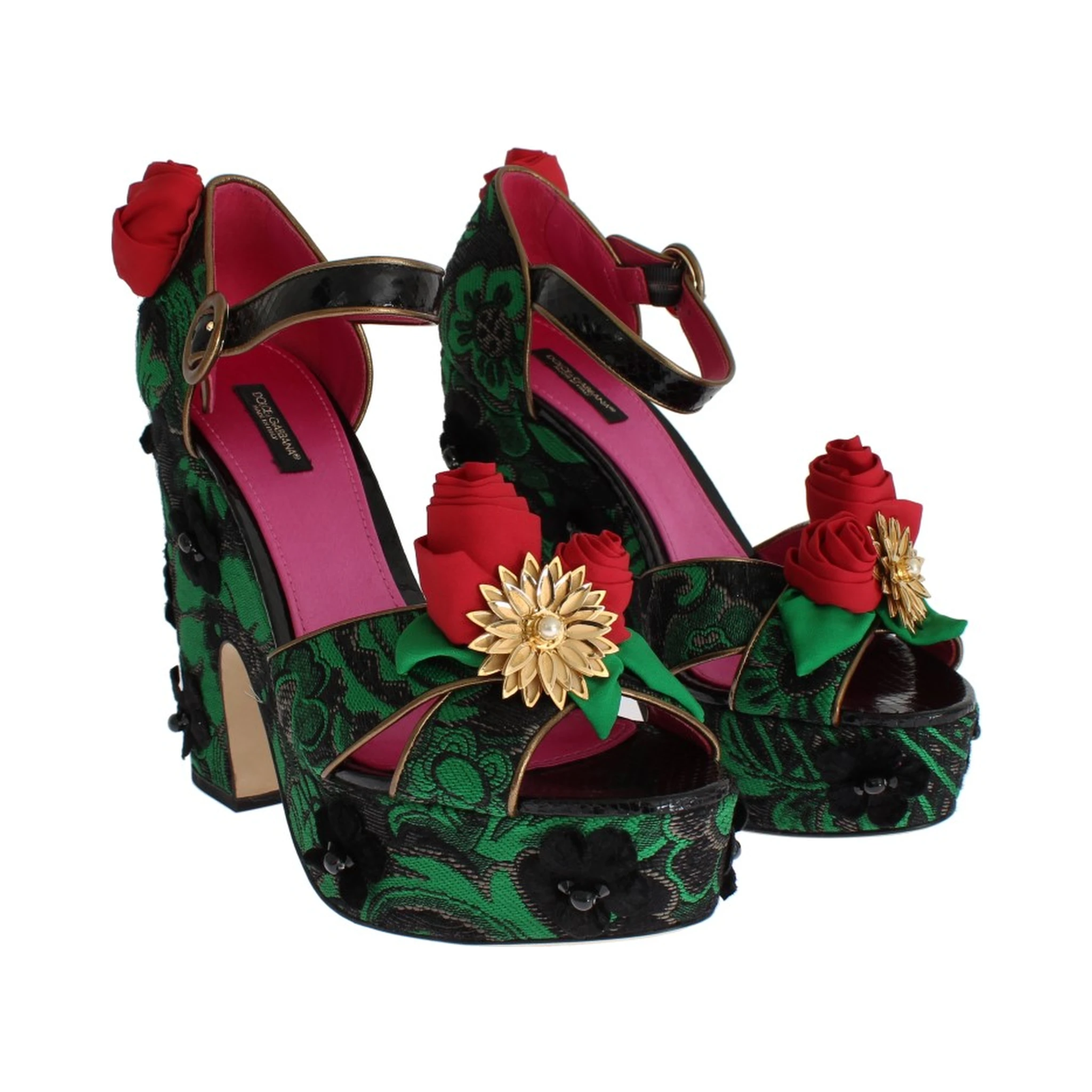 Green Brocade Snakeskin Roses Crystal Shoes