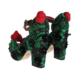 Green Brocade Snakeskin Roses Crystal Shoes