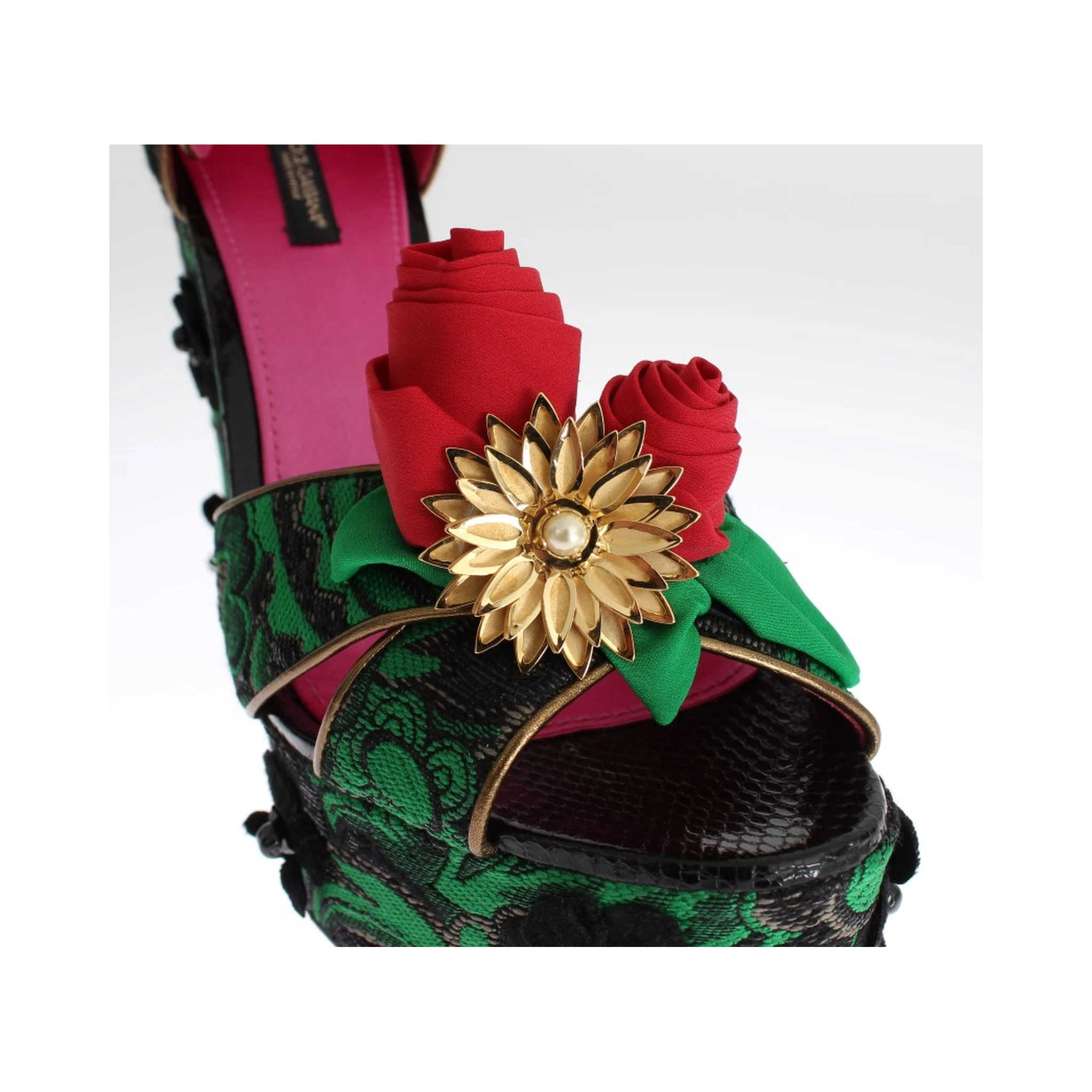 Green Brocade Snakeskin Roses Crystal Shoes
