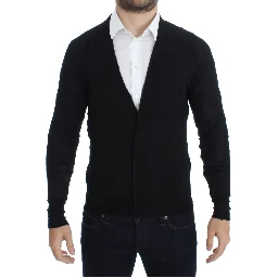 Black Fine Wool Button Cardigan